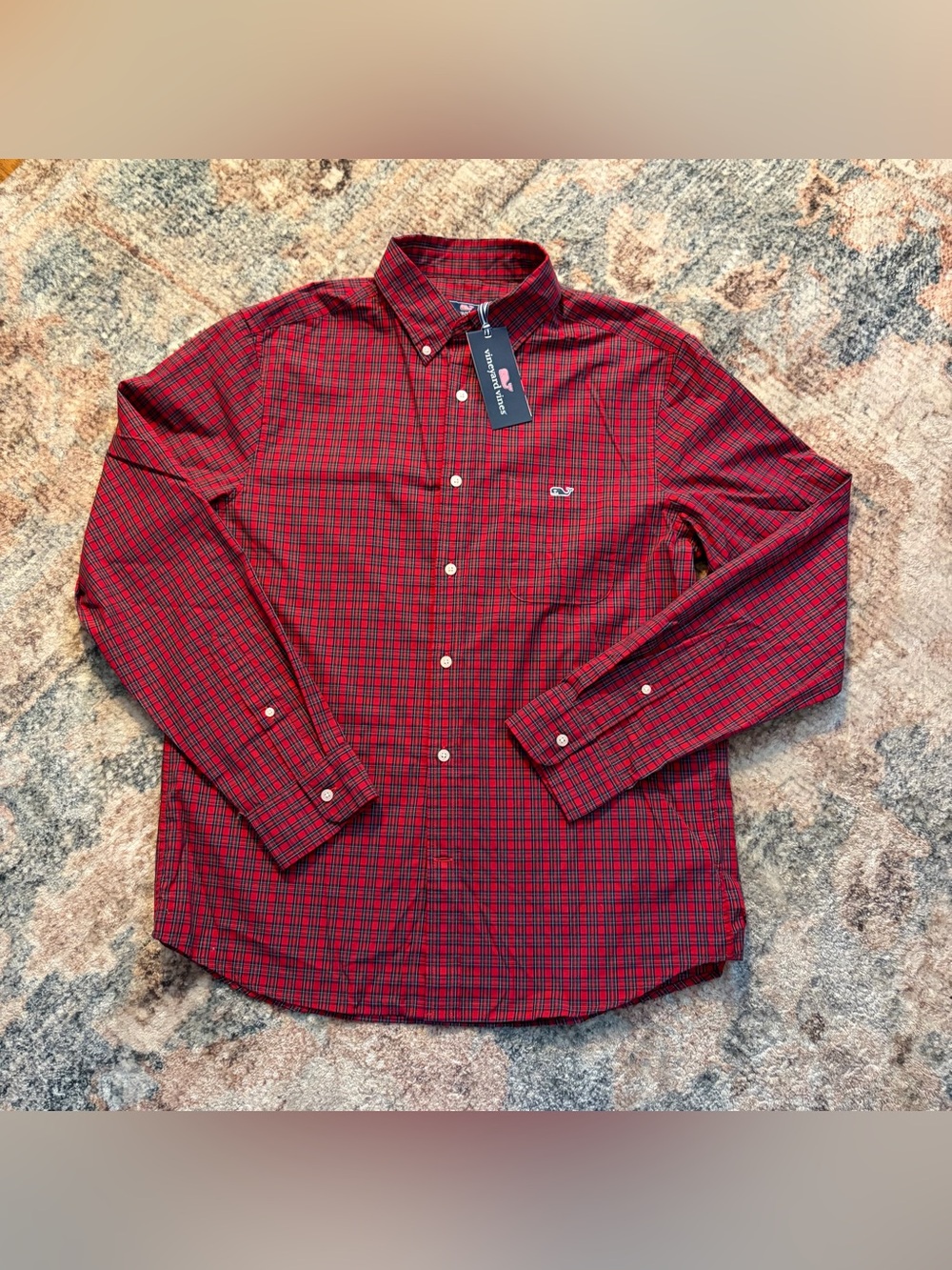 NWT Vines Classic Fit Stretch Poplin Shirt Tartan Red Holiday medium
